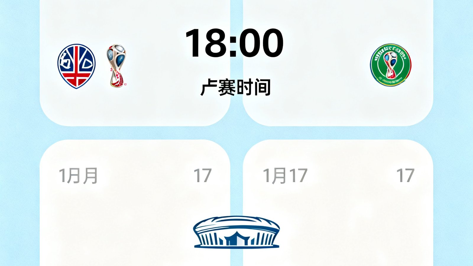 数字化的世界杯赛程日历界面，以网格形式展示1月17日四场比赛的对阵信息，每场比赛卡片包含队徽、开赛时间和场馆名称，设计风格现代简洁